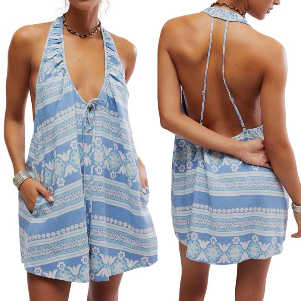 NWT Free People Medium Fisher Blue Printed Halter Backless Mini Swing Dress